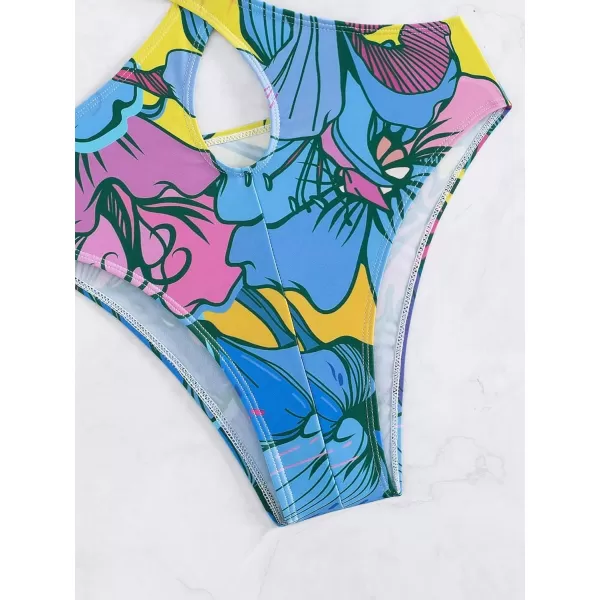 WDIRARA Women's Strapless Cut Out One Piece Swimsuit Tropical Print High Cut Swimsuit