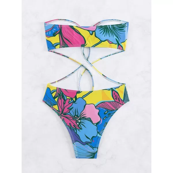 WDIRARA Women's Strapless Cut Out One Piece Swimsuit Tropical Print High Cut Swimsuit