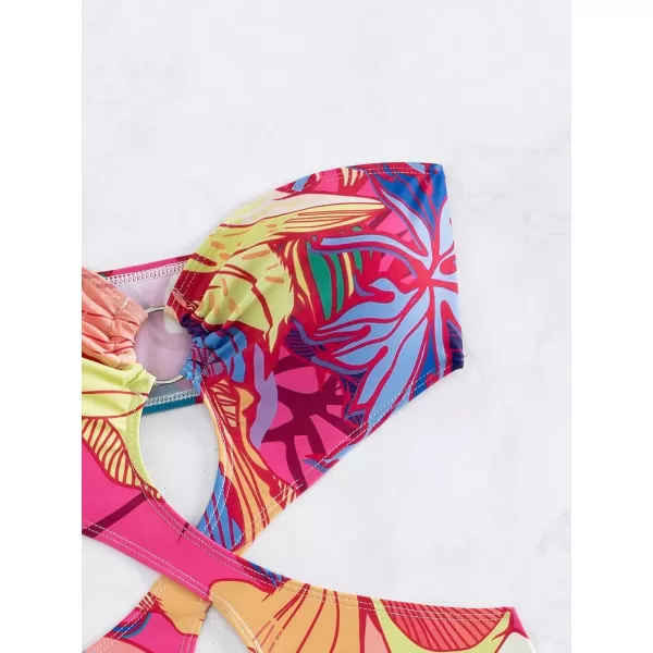 WDIRARA Women's Strapless Cut Out One Piece Swimsuit Tropical Print High Cut Swimsuit