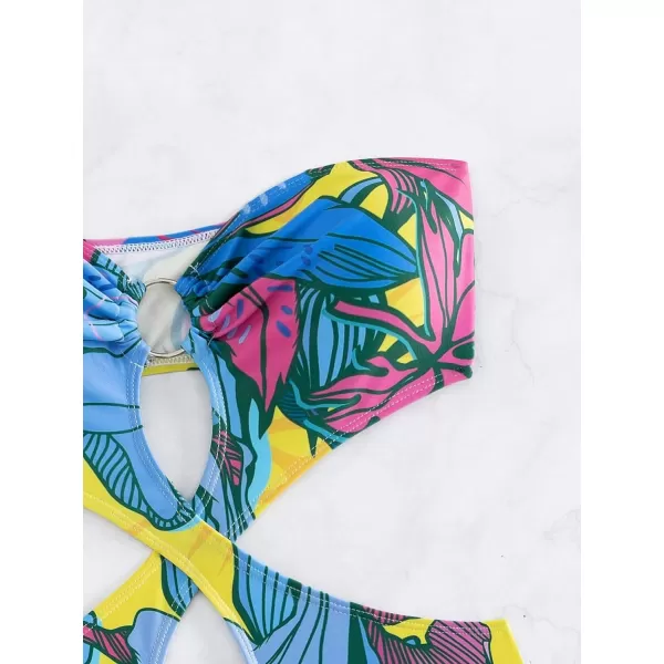 WDIRARA Women's Strapless Cut Out One Piece Swimsuit Tropical Print High Cut Swimsuit