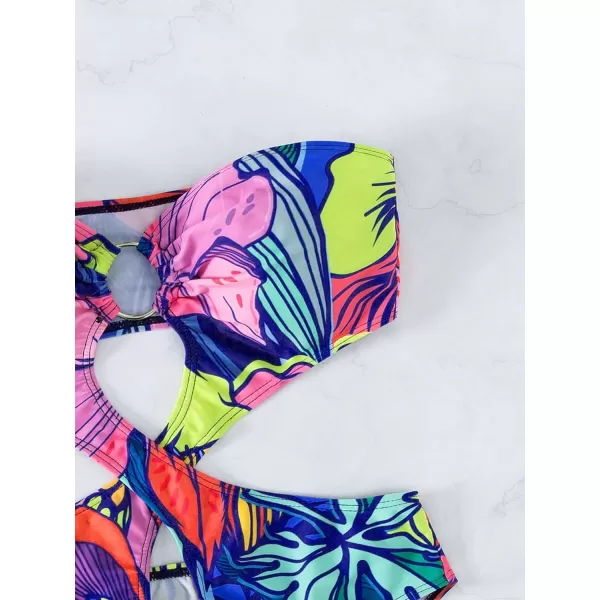 WDIRARA Women's Strapless Cut Out One Piece Swimsuit Tropical Print High Cut Swimsuit