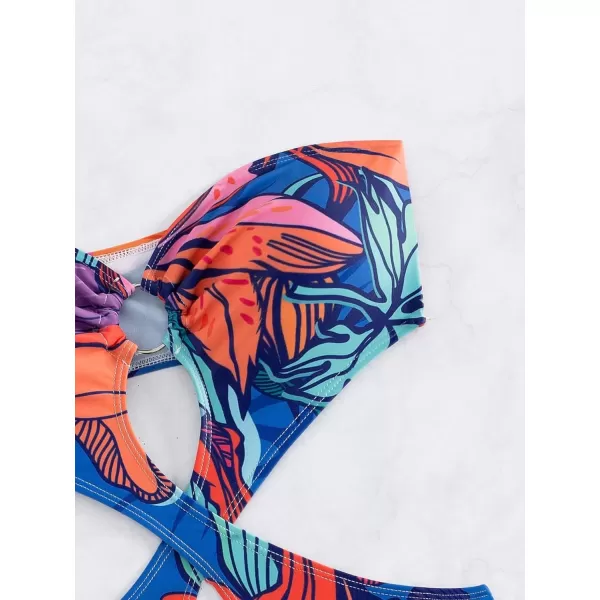 WDIRARA Women's Strapless Cut Out One Piece Swimsuit Tropical Print High Cut Swimsuit