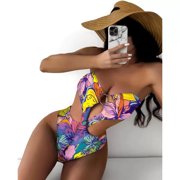WDIRARA Women's Strapless Cut Out One Piece Swimsuit Tropical Print High Cut Swimsuit