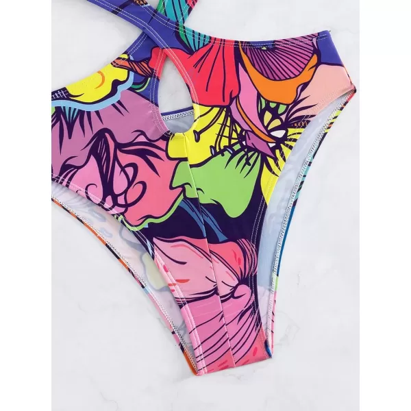 WDIRARA Women's Strapless Cut Out One Piece Swimsuit Tropical Print High Cut Swimsuit