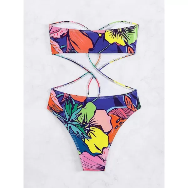 WDIRARA Women's Strapless Cut Out One Piece Swimsuit Tropical Print High Cut Swimsuit
