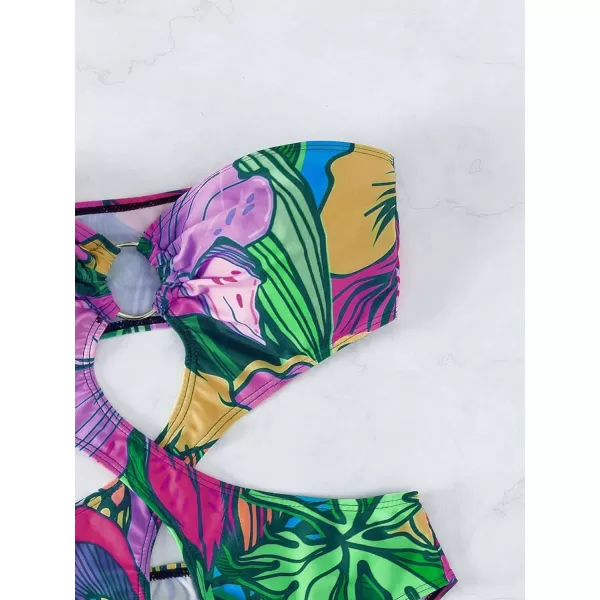 WDIRARA Women's Strapless Cut Out One Piece Swimsuit Tropical Print High Cut Swimsuit