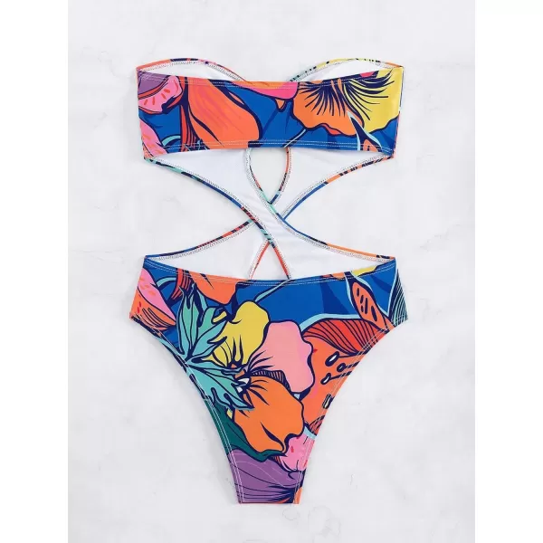 WDIRARA Women's Strapless Cut Out One Piece Swimsuit Tropical Print High Cut Swimsuit
