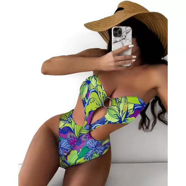 WDIRARA Women's Strapless Cut Out One Piece Swimsuit Tropical Print High Cut Swimsuit