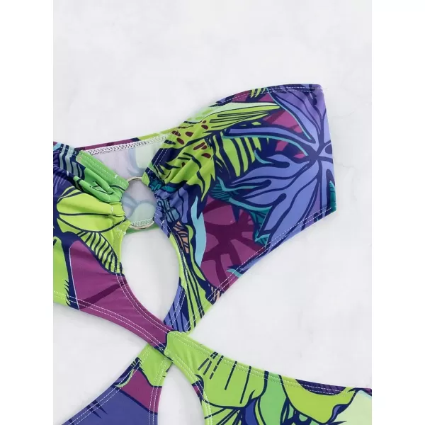 WDIRARA Women's Strapless Cut Out One Piece Swimsuit Tropical Print High Cut Swimsuit