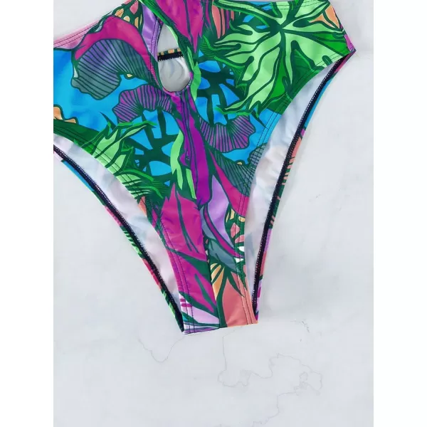 WDIRARA Women's Strapless Cut Out One Piece Swimsuit Tropical Print High Cut Swimsuit