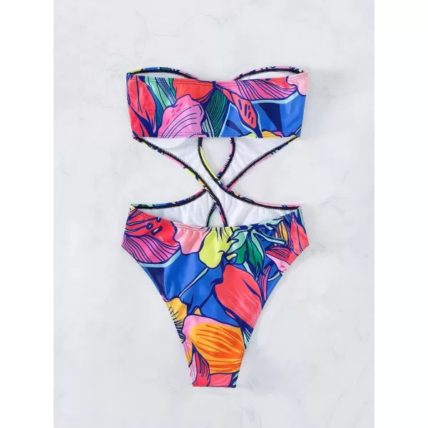 WDIRARA Women's Strapless Cut Out One Piece Swimsuit Tropical Print High Cut Swimsuit