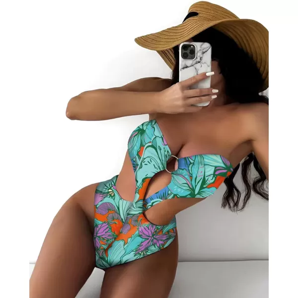 WDIRARA Women's Strapless Cut Out One Piece Swimsuit Tropical Print High Cut Swimsuit