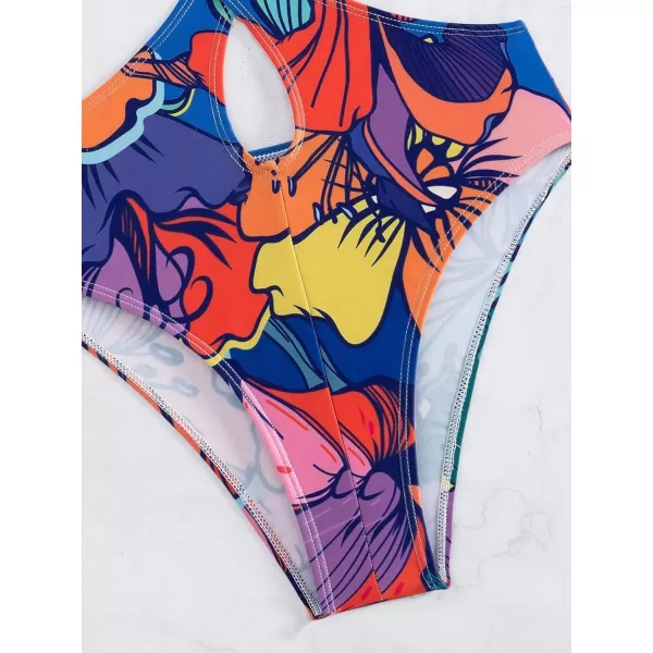 WDIRARA Women's Strapless Cut Out One Piece Swimsuit Tropical Print High Cut Swimsuit