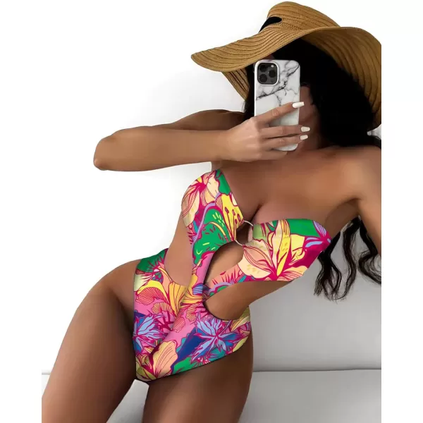 WDIRARA Women's Strapless Cut Out One Piece Swimsuit Tropical Print High Cut Swimsuit
