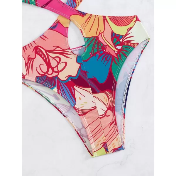 WDIRARA Women's Strapless Cut Out One Piece Swimsuit Tropical Print High Cut Swimsuit