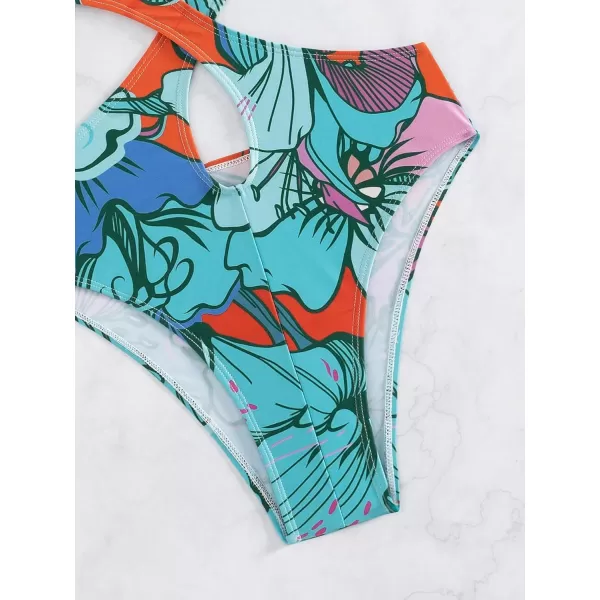 WDIRARA Women's Strapless Cut Out One Piece Swimsuit Tropical Print High Cut Swimsuit