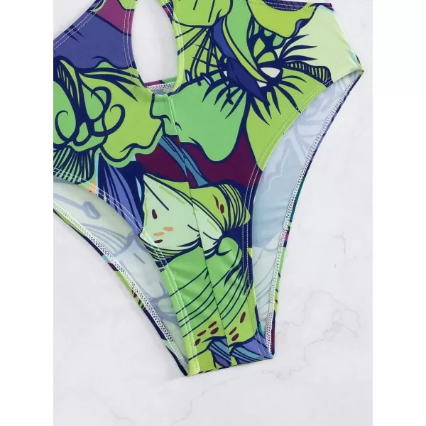 WDIRARA Women's Strapless Cut Out One Piece Swimsuit Tropical Print High Cut Swimsuit