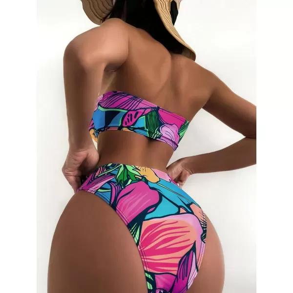 WDIRARA Women's Strapless Cut Out One Piece Swimsuit Tropical Print High Cut Swimsuit