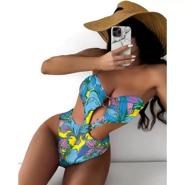 WDIRARA Women's Strapless Cut Out One Piece Swimsuit Tropical Print High Cut Swimsuit