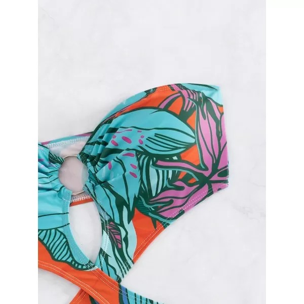 WDIRARA Women's Strapless Cut Out One Piece Swimsuit Tropical Print High Cut Swimsuit