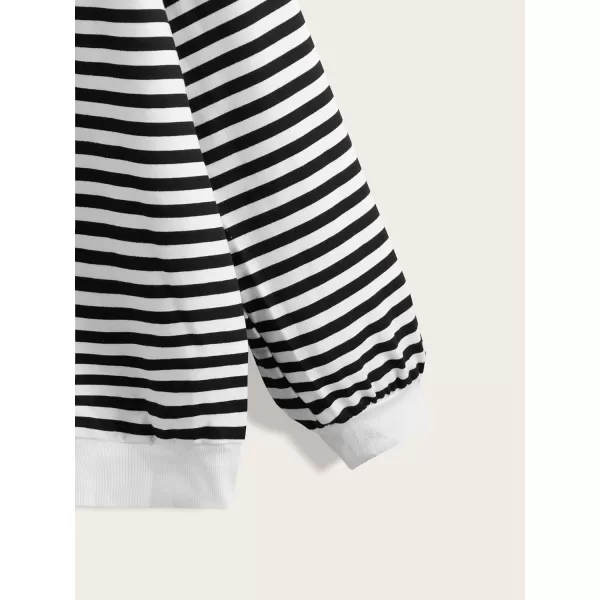 WDIRARA Women's Stripe Print Heart Embroidery Plus Size Drop Shoulder Long Sleeve Casual Sweatshirt