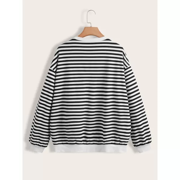 WDIRARA Women's Stripe Print Heart Embroidery Plus Size Drop Shoulder Long Sleeve Casual Sweatshirt