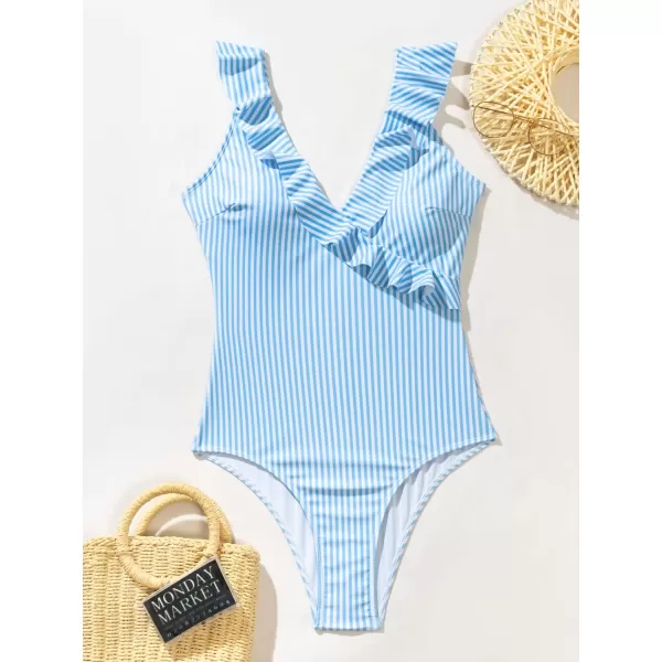 WDIRARA Women's Striped Ruffle One-Piece Swimsuit V Neck Wide Strap Sleeveless Stretchy Bathing Suit
