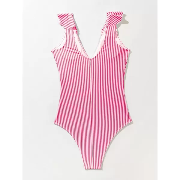 WDIRARA Women's Striped Ruffle One-Piece Swimsuit V Neck Wide Strap Sleeveless Stretchy Bathing Suit