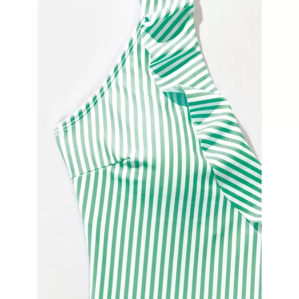 WDIRARA Women's Striped Ruffle One-Piece Swimsuit V Neck Wide Strap Sleeveless Stretchy Bathing Suit