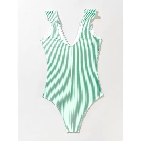 WDIRARA Women's Striped Ruffle One-Piece Swimsuit V Neck Wide Strap Sleeveless Stretchy Bathing Suit