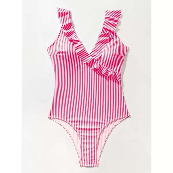 WDIRARA Women's Striped Ruffle One-Piece Swimsuit V Neck Wide Strap Sleeveless Stretchy Bathing Suit