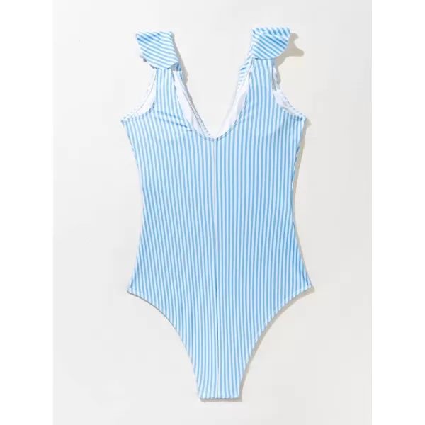 WDIRARA Women's Striped Ruffle One-Piece Swimsuit V Neck Wide Strap Sleeveless Stretchy Bathing Suit
