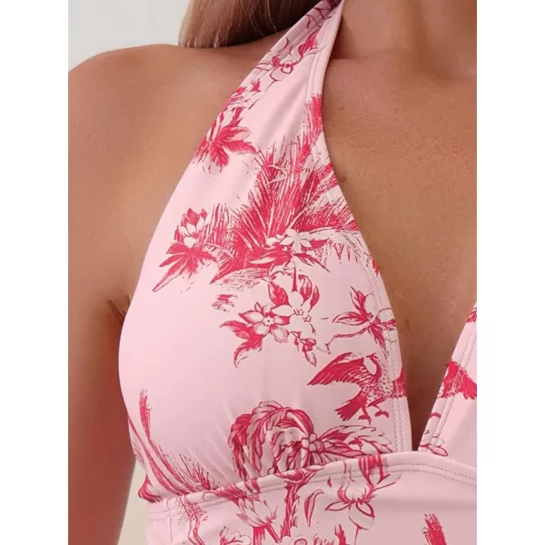 WDIRARA Women's Tropical Print Deep V Neck Backless Ruched Halter One Piece Swimsuit Bathing Suit