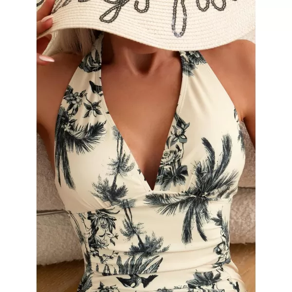 WDIRARA Women's Tropical Print Deep V Neck Backless Ruched Halter One Piece Swimsuit Bathing Suit