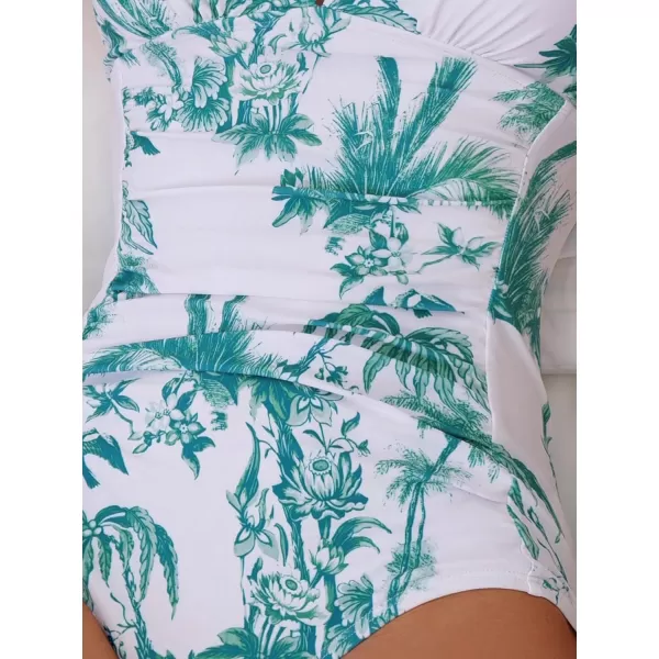 WDIRARA Women's Tropical Print Deep V Neck Backless Ruched Halter One Piece Swimsuit Bathing Suit