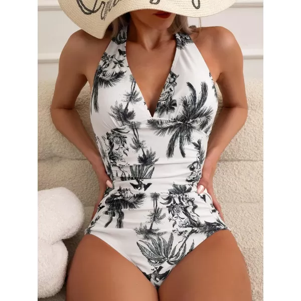 WDIRARA Women's Tropical Print Deep V Neck Backless Ruched Halter One Piece Swimsuit Bathing Suit