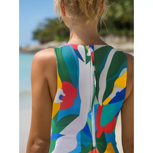 WDIRARA Women's Tropical Print Onepiece Swimsuit High Neck Sleeveless Swimwear