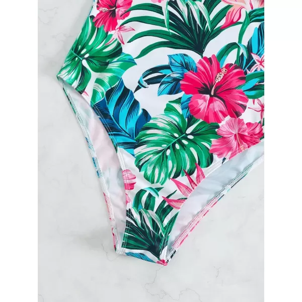 WDIRARA Women's Tropical Print Ruffle Trim Swimwear Twist Front Ruched Onepiece Swimsuit