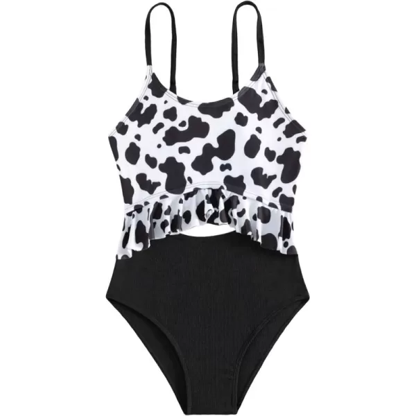 WDIRARA Girl's Cut Out One Piece Swimsuit Cow Print Ruffle Trim High Waisted Swimwear