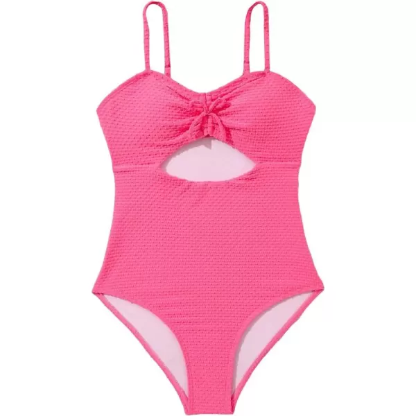 WDIRARA Girl's Cut Out Ruched Bow Decor One Piece Swimsuit Textured Solid Wireless Swimwear Bathing Suit