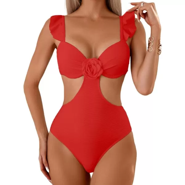 WDIRARA Women's 3D Floral Decor Cut Out Textured One-Piece Bikini Swimwear Backless Sleeveless Cheeky Swimsuit