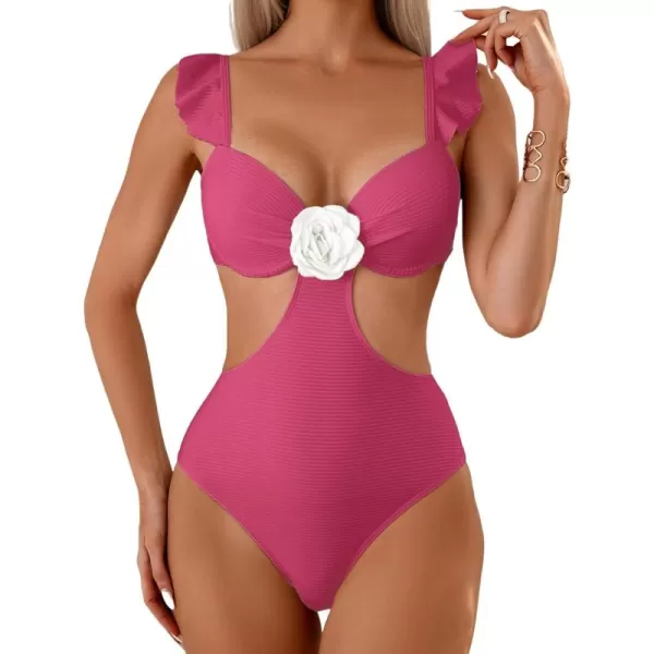 WDIRARA Women's 3D Floral Decor Cut Out Textured One-Piece Bikini Swimwear Backless Sleeveless Cheeky Swimsuit