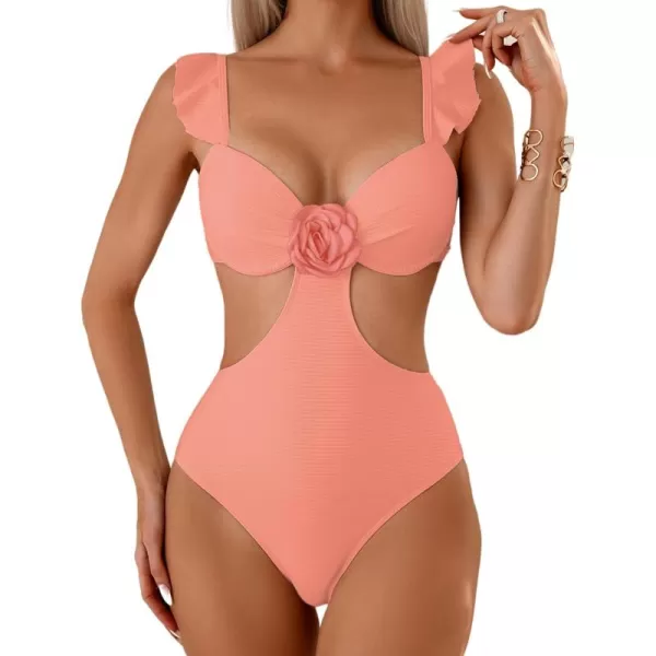 WDIRARA Women's 3D Floral Decor Cut Out Textured One-Piece Bikini Swimwear Backless Sleeveless Cheeky Swimsuit