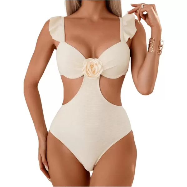 WDIRARA Women's 3D Floral Decor Cut Out Textured One-Piece Bikini Swimwear Backless Sleeveless Cheeky Swimsuit