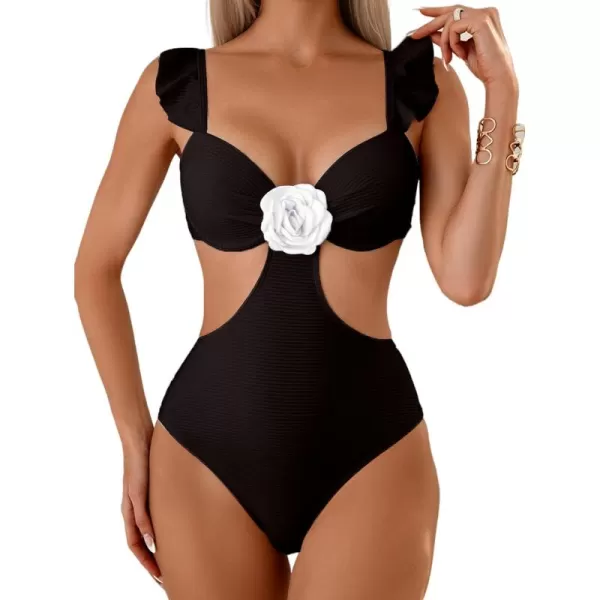 WDIRARA Women's 3D Floral Decor Cut Out Textured One-Piece Bikini Swimwear Backless Sleeveless Cheeky Swimsuit