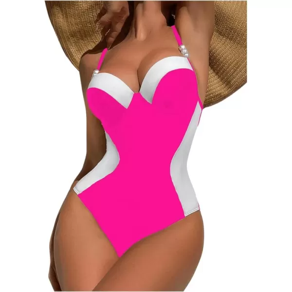 WDIRARA Women's Color Block Pearls Push Up One Piece Swimsuit Monokini Bathing Suit