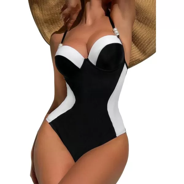 WDIRARA Women's Color Block Pearls Push Up One Piece Swimsuit Monokini Bathing Suit