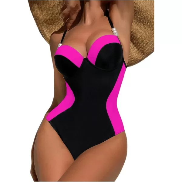 WDIRARA Women's Color Block Pearls Push Up One Piece Swimsuit Monokini Bathing Suit