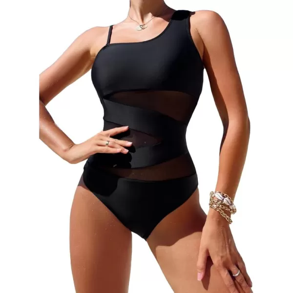 WDIRARA Women's Colorblock Cut Out One Piece Swimsuit Mesh One Shoulder Bathing Suit