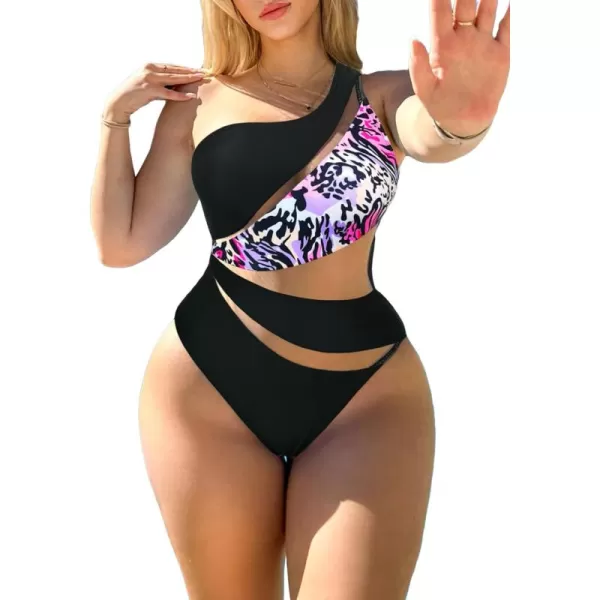 WDIRARA Women's Colorblock Cut Out One Piece Swimsuit Mesh One Shoulder Bathing Suit